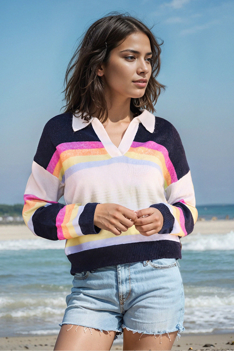 Sundry Johnny Collar Sweatshirt in Multicolor Stripes