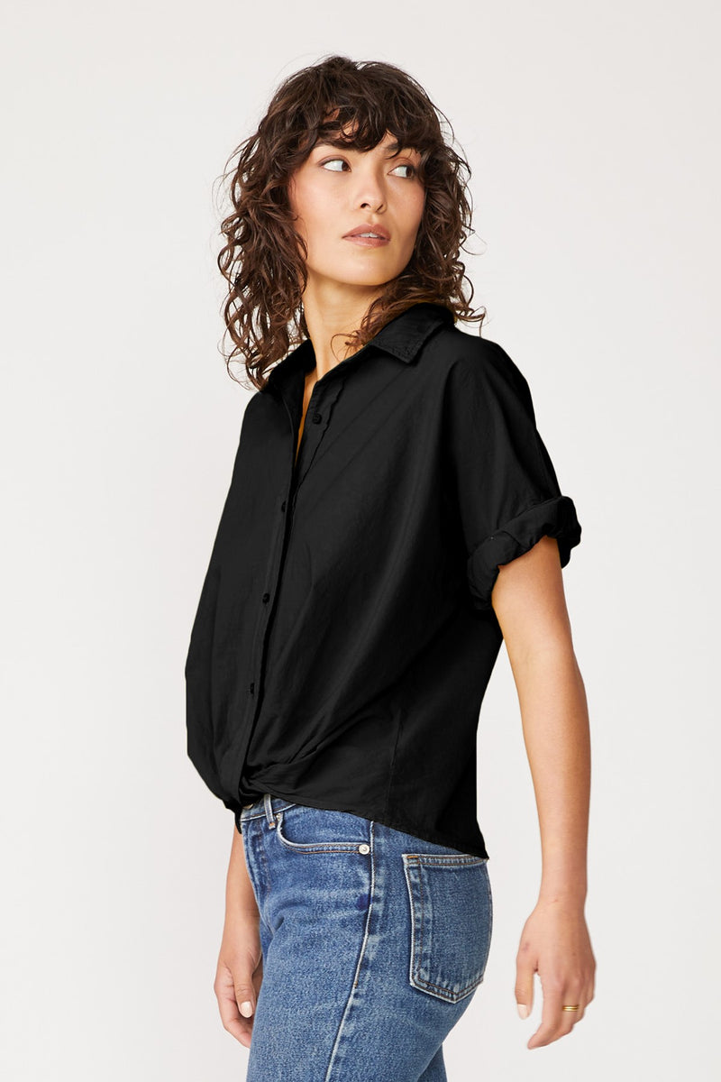 Poplin Short Sleeve Front Twist Button Up Shirt in Black-side