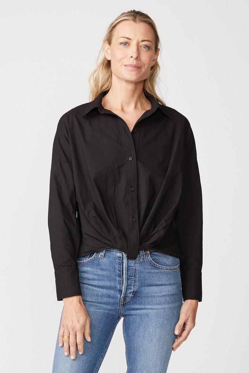 Stateside Poplin Long Sleeve Front Twist Button Up Shirt in Black