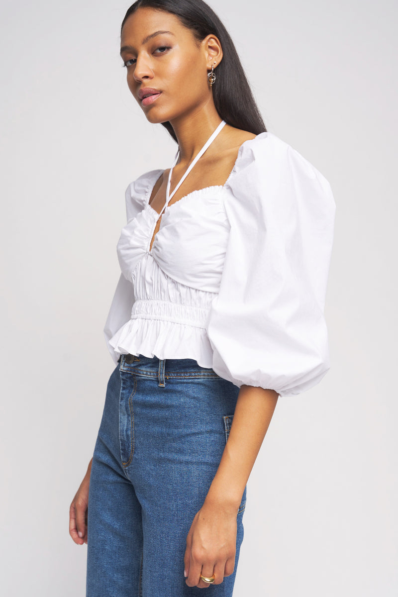 Bailey 44  Shani Peplum Top in Oatmilk left side puffl sleeve