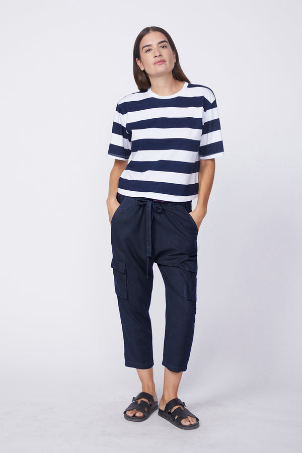 Stateside Linen Paperbag Cargo Pant in New Navy-full view front