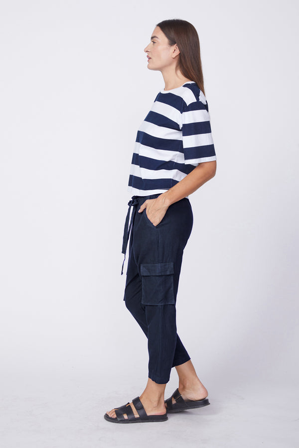 Stateside Linen Paperbag Cargo Pant in New Navy-side view 