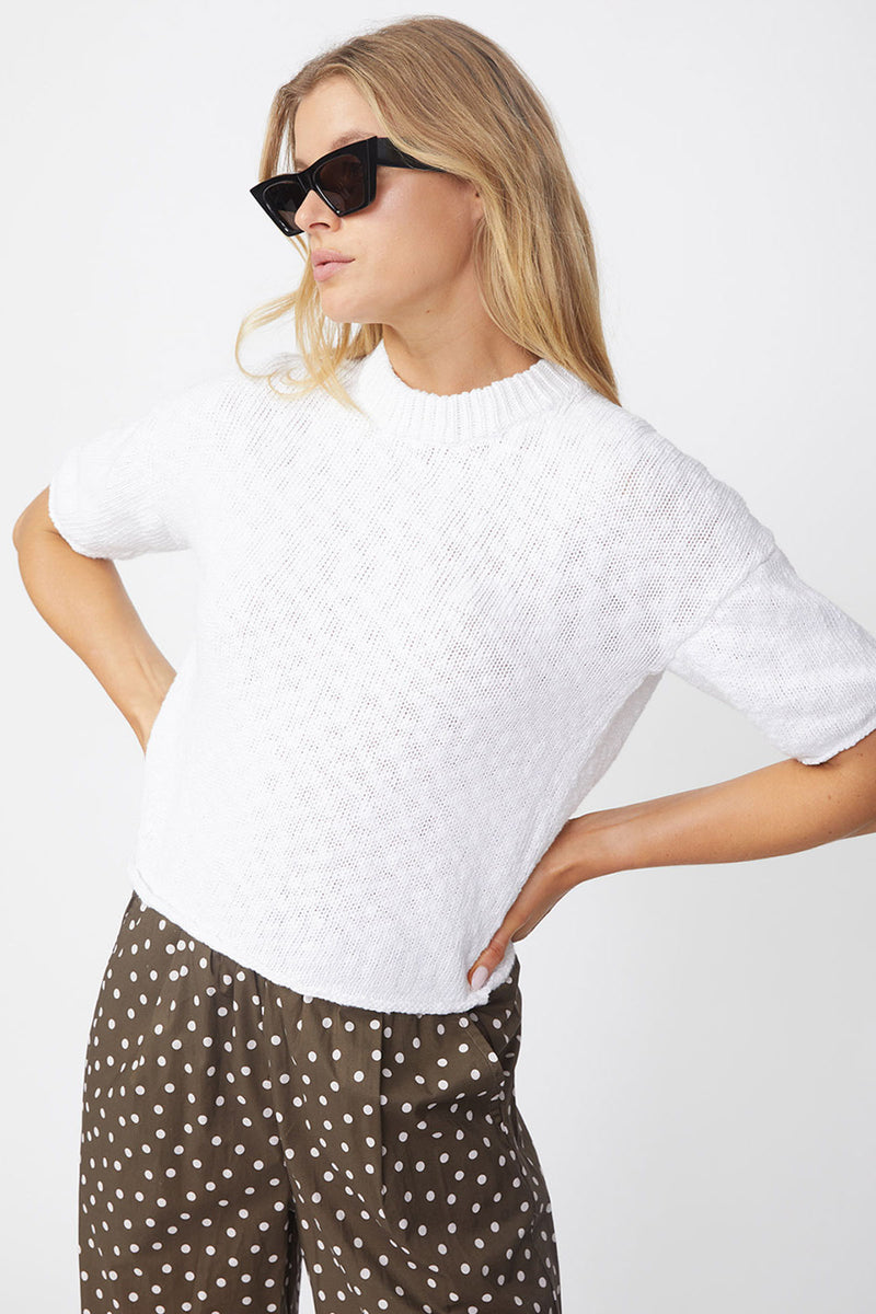 Stateside Cotton Linen Short Sleeve Sweater in White-side looking