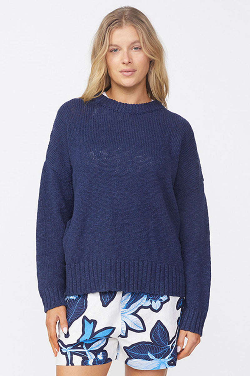 Stateside Cotton Linen Pullover Sweater in New Navy-front