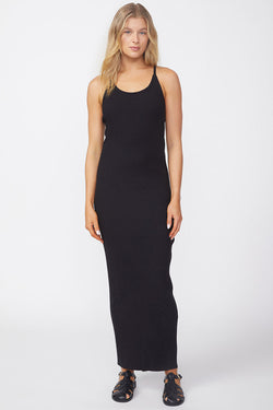 Stateside Poorboy Rib Spaghetti Strap Midi Dress in Black-full body front