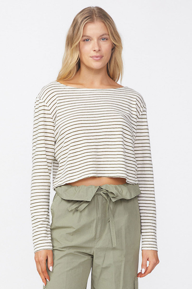 Stateside Linen Cotton Jersey Long Sleeve Cropped Boatneck in Fern