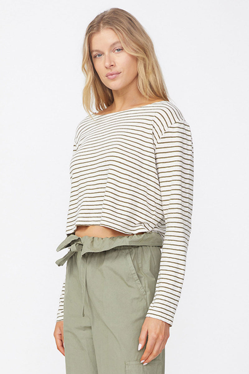 Stateside Linen Cotton Jersey Long Sleeve Cropped Boatneck in Fern