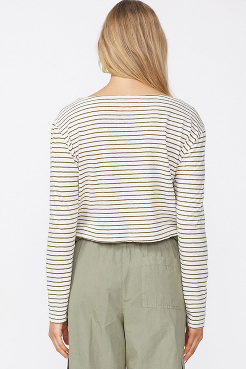 Stateside Linen Cotton Jersey Long Sleeve Cropped Boatneck in Fern