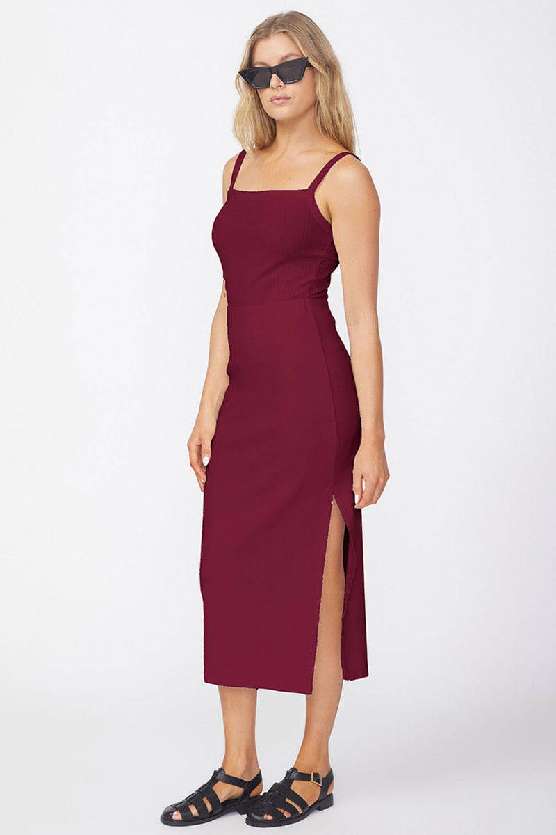 Stateside Luxe 2x1 Rib Side Slit Midi Skirt in Bordeaux