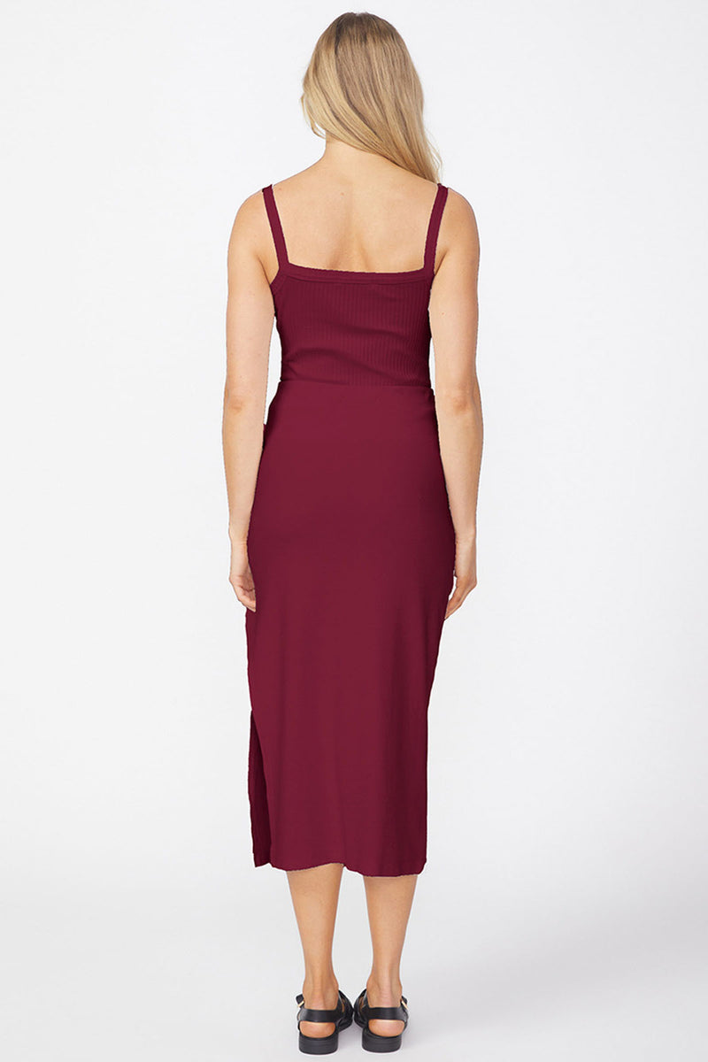 Stateside Luxe 2x1 Rib Side Slit Midi Skirt in Bordeaux