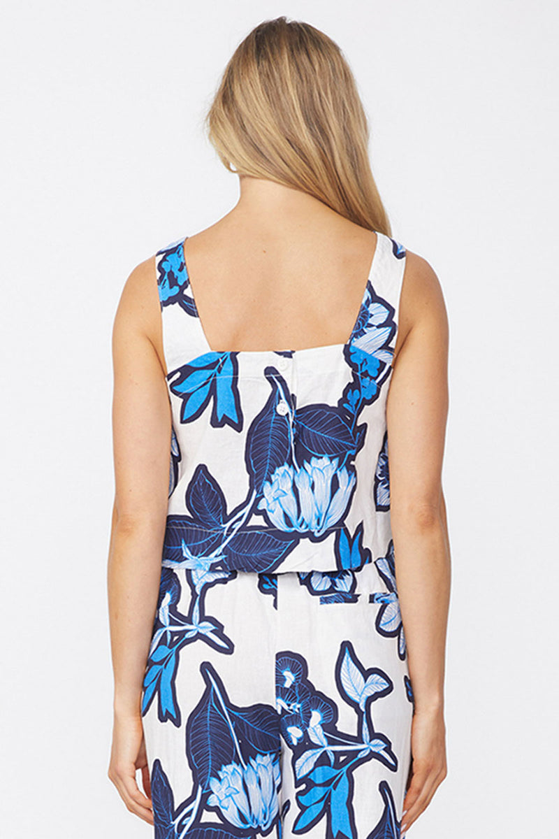 Tropical Floral Linen Cropped Tank in Sport Blue-back