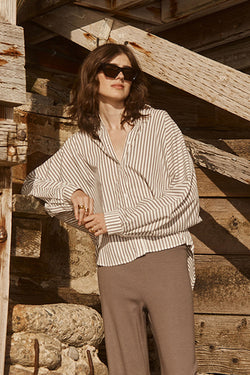 Stateside 80's Poplin Stripe Dolman Shirt in Twig