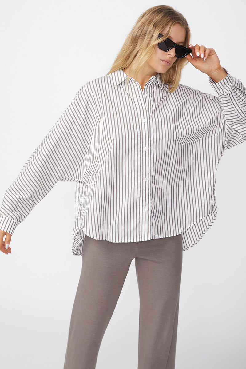 Stateside 80's Poplin Stripe Dolman Shirt in Twig