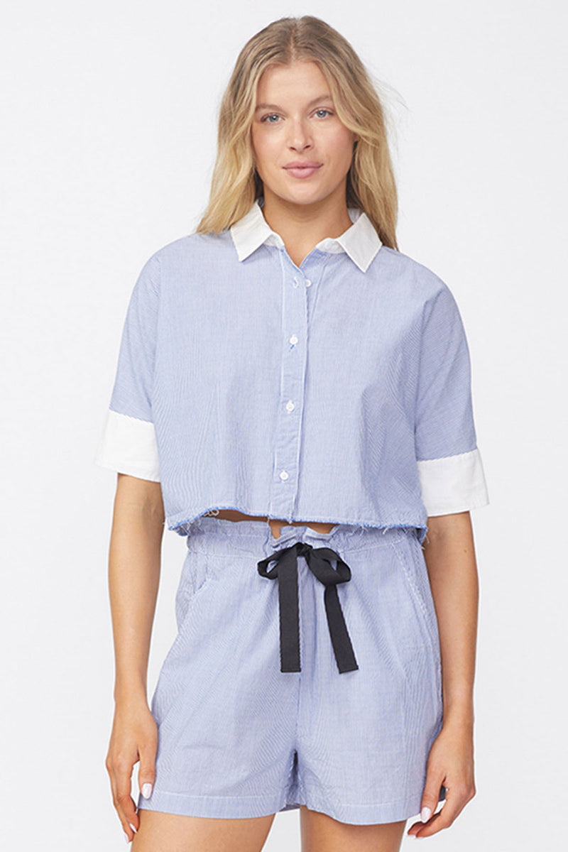 Stateside Pinstripe Short Sleeve Boxy Shirt in Sport Blue-3/4 view front