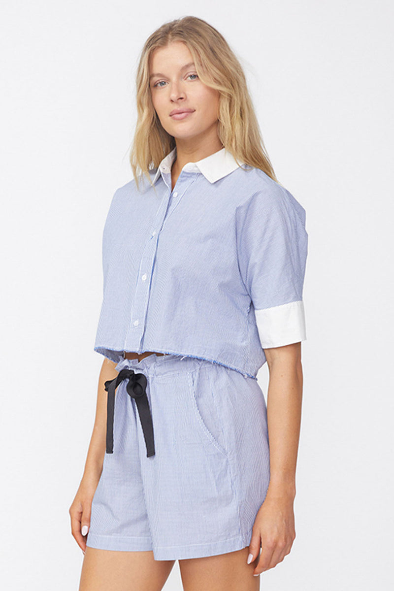 Stateside Pinstripe Short Sleeve Boxy Shirt in Sport Blue-side view 