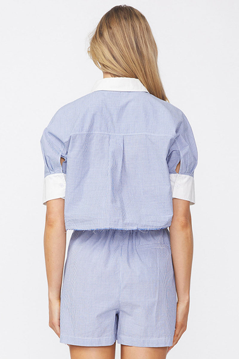 Stateside Pinstripe Short Sleeve Boxy Shirt in Sport Blue-back