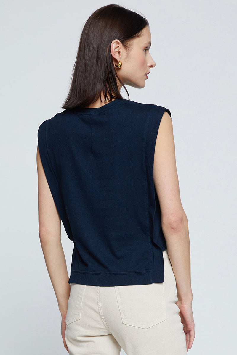 back view in new navy and a muscle tee