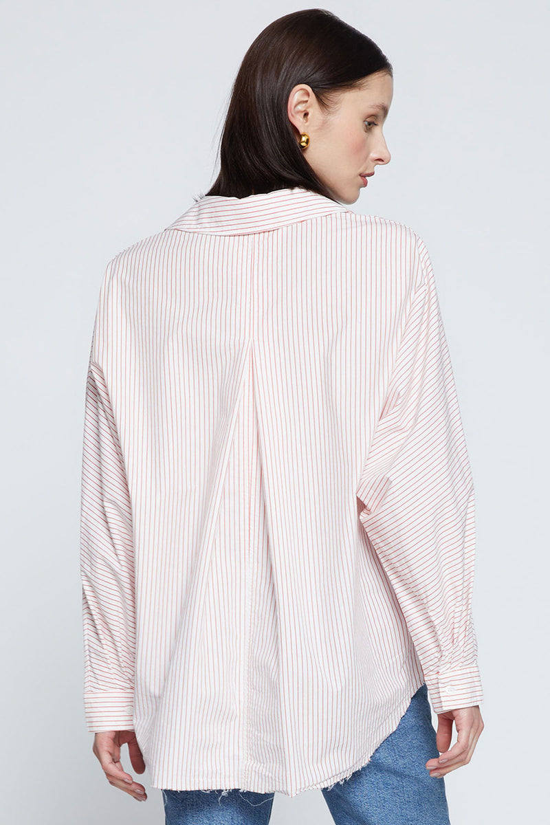 Stateside Elliott Poplin Stripe Dolman Shirt-back view and model is looking over her shoulder