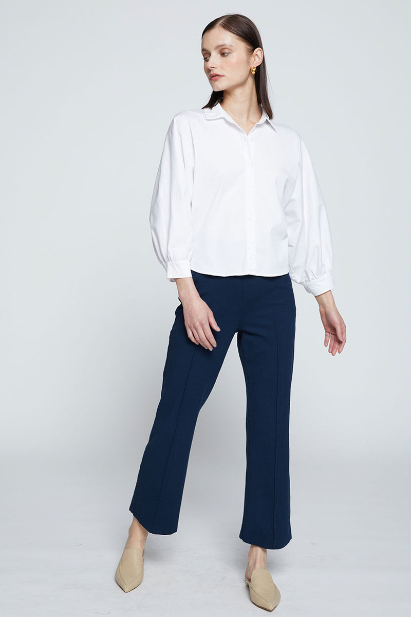 Stateside Sandman Poplin Dolman Puff Sleeve Shirt-full body view and model is looking away 