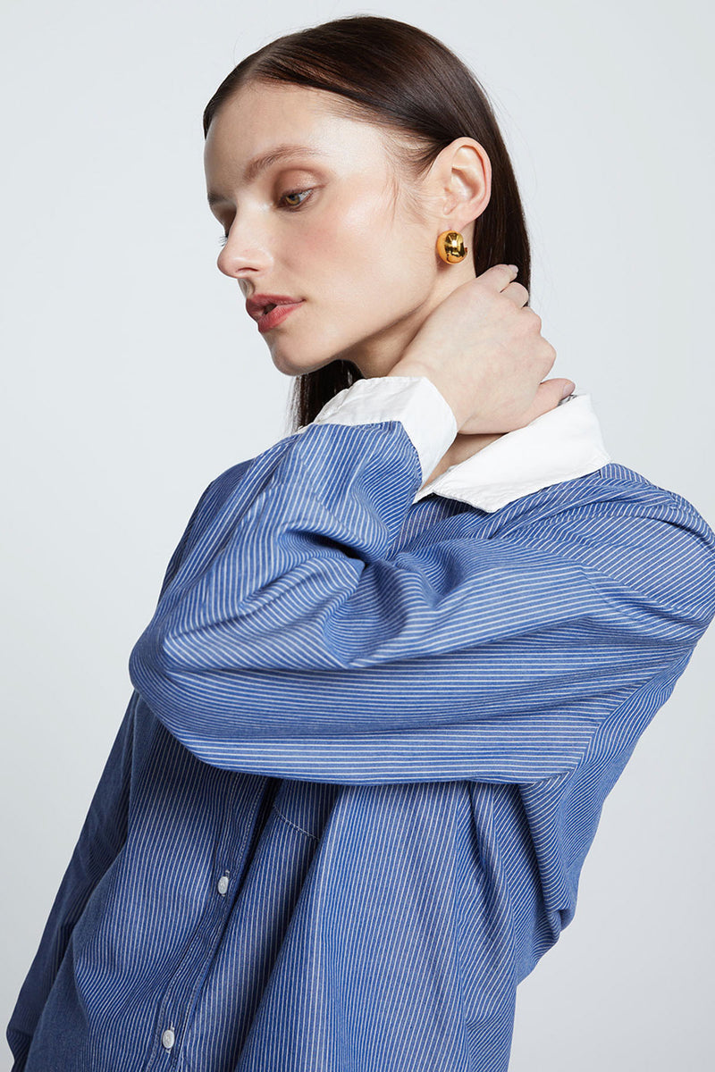 Stateside Owen Stripe Classic Pocket Shirt -close up with arm on her neck