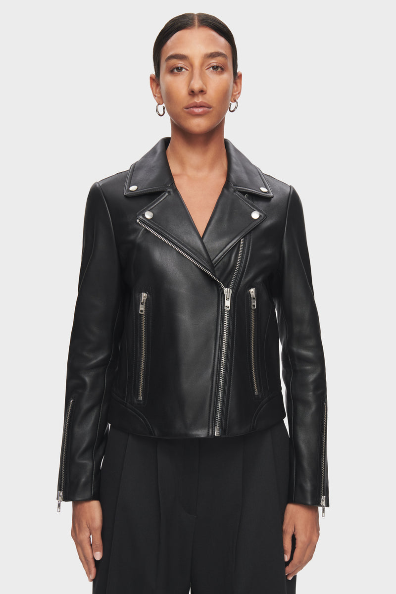 DSTLD Women's Leather Biker Jacket in Black with Silver Hardware