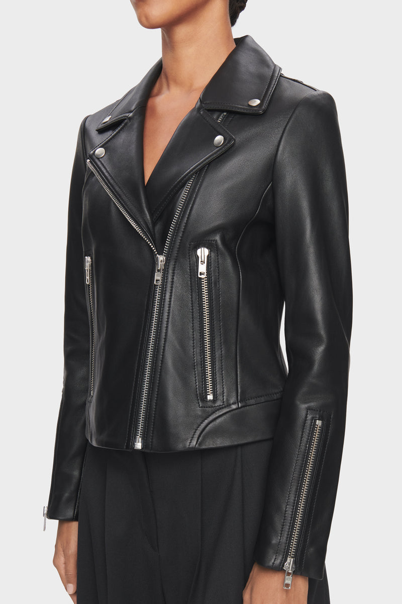 DSTLD Women's Leather Biker Jacket in Black with Silver Hardware