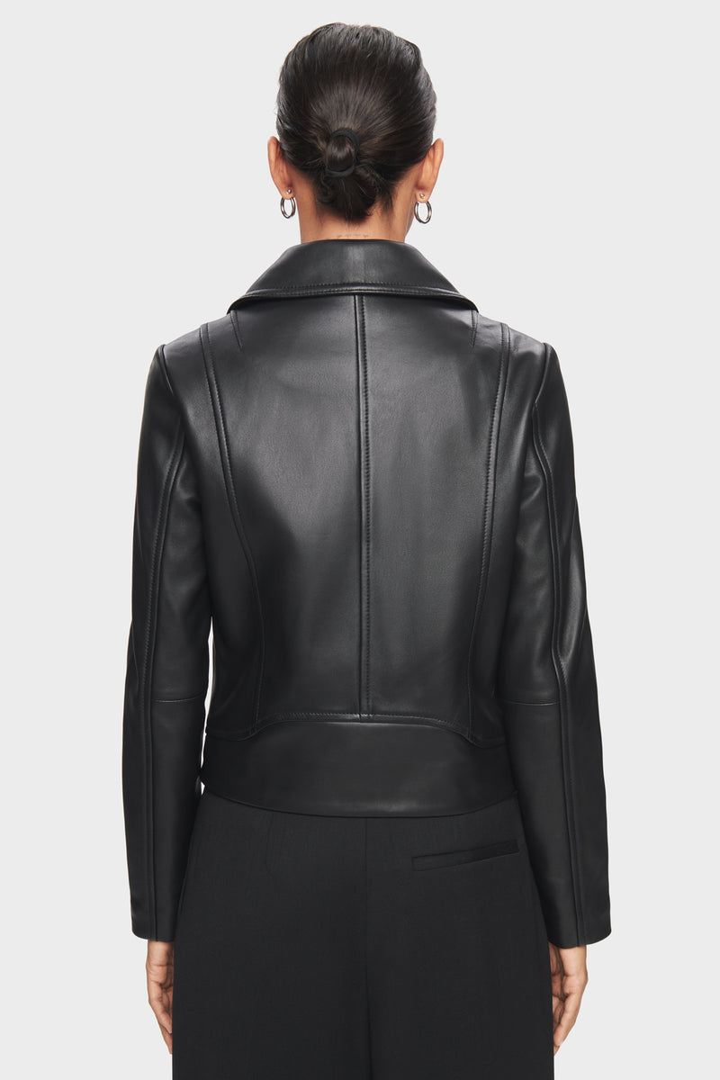 DSTLD Women's Leather Biker Jacket in Black with Silver Hardware