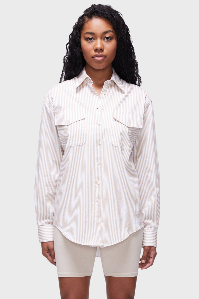 90s Button Down in Khaki White Stripe-3/4 front