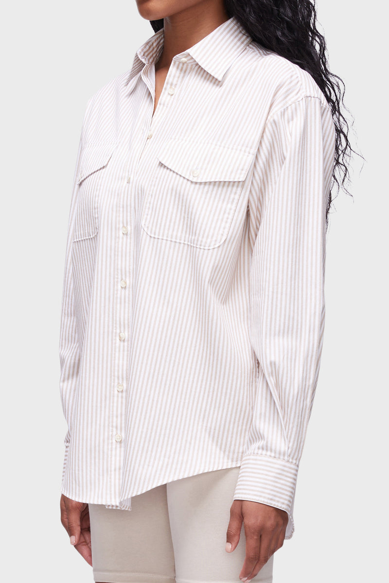 90s Button Down in Khaki White Stripe-close view