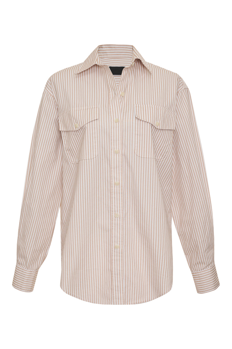 90s Button Down in Khaki White Stripe-flat lay front