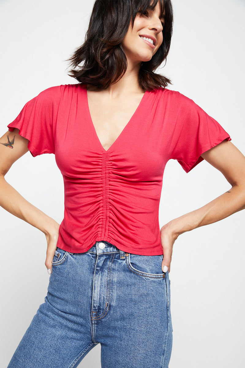 Claudia Top In Campari-close up front