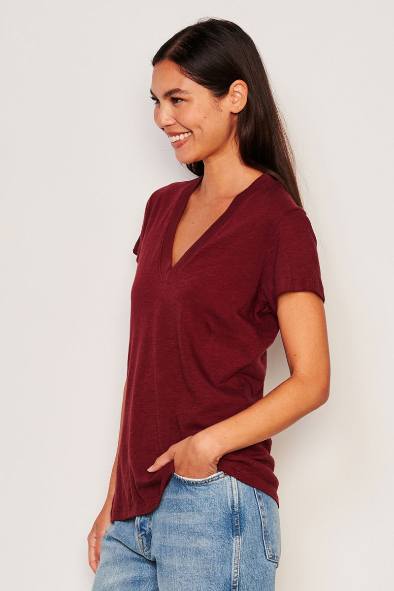 Sundry Deep V-Neck Tee in Red Rock-3/4 side view