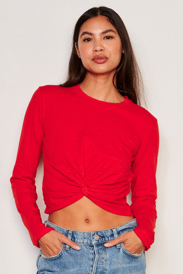 Sundry Long Sleeve Twist Tee in Flare Red-3/4 front view