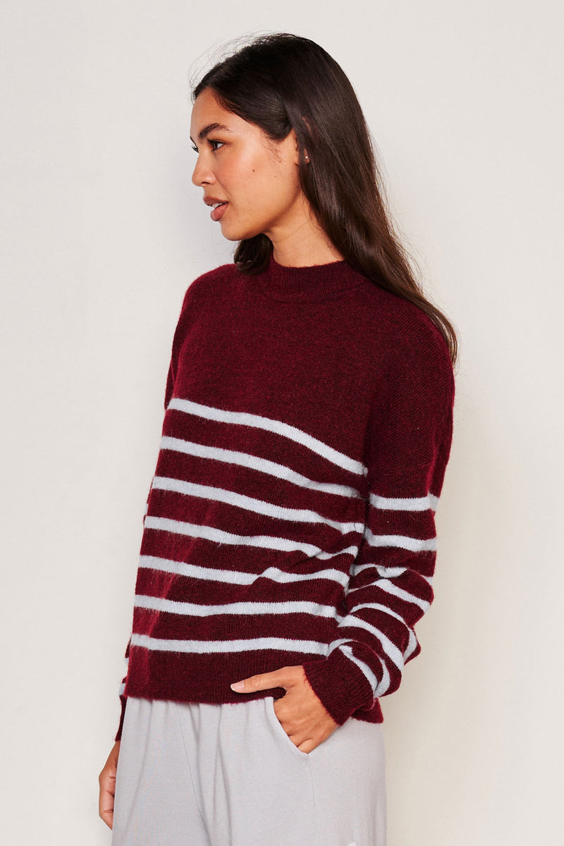 Sundry Stripes Mock Neck Cozy Sweater in Bordeaux-side view