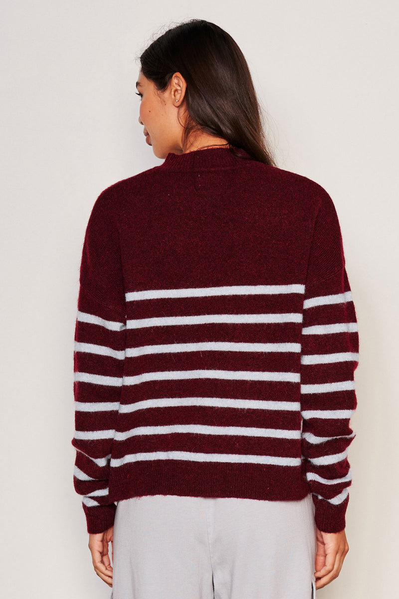 Sundry Stripes Mock Neck Cozy Sweater in Bordeaux-back view