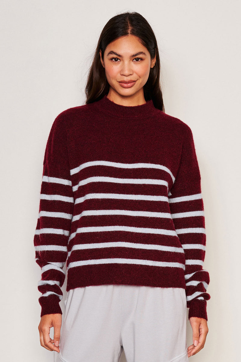 Sundry Stripes Mock Neck Cozy Sweater in Bordeaux-3/4 front 