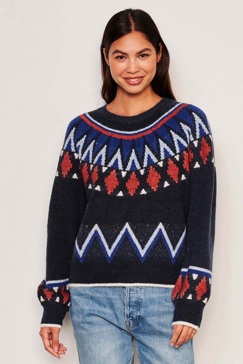 Sundry Fairisle Crew Neck Sweater in Deep Navy-3/4 front view