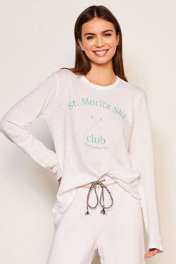 Sundry Ski Club Long Sleeve Crew in Optic White