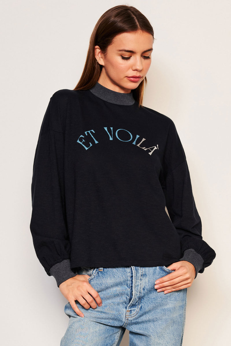 Sundry Et Voila Mock Neck Long Sleeve Tee in Deep Navy