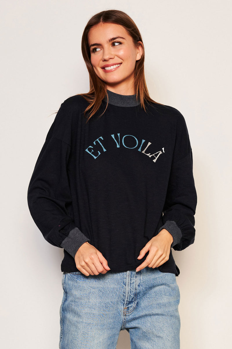 Sundry Et Voila Mock Neck Long Sleeve Tee in Deep Navy