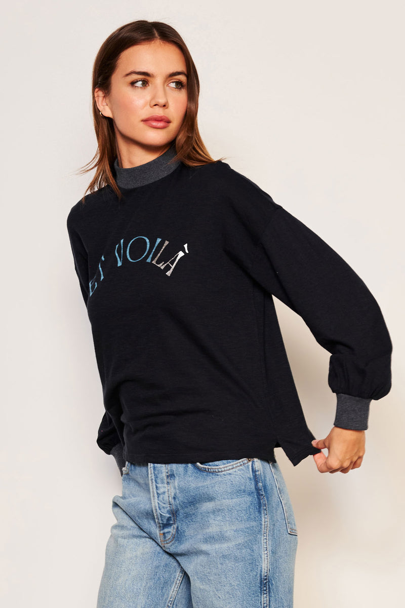 Sundry Et Voila Mock Neck Long Sleeve Tee in Deep Navy