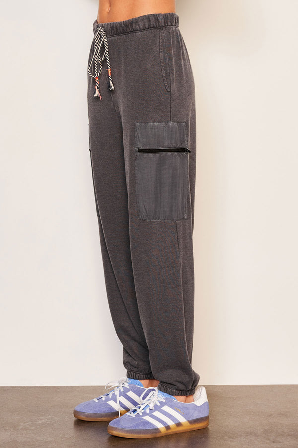 Sundry Mixed Media Cargo Pant in Washed Black