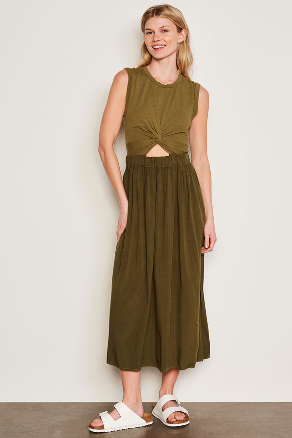 Sundry Midi Mixed Media Dress in Olive-model is smiling facing forward 