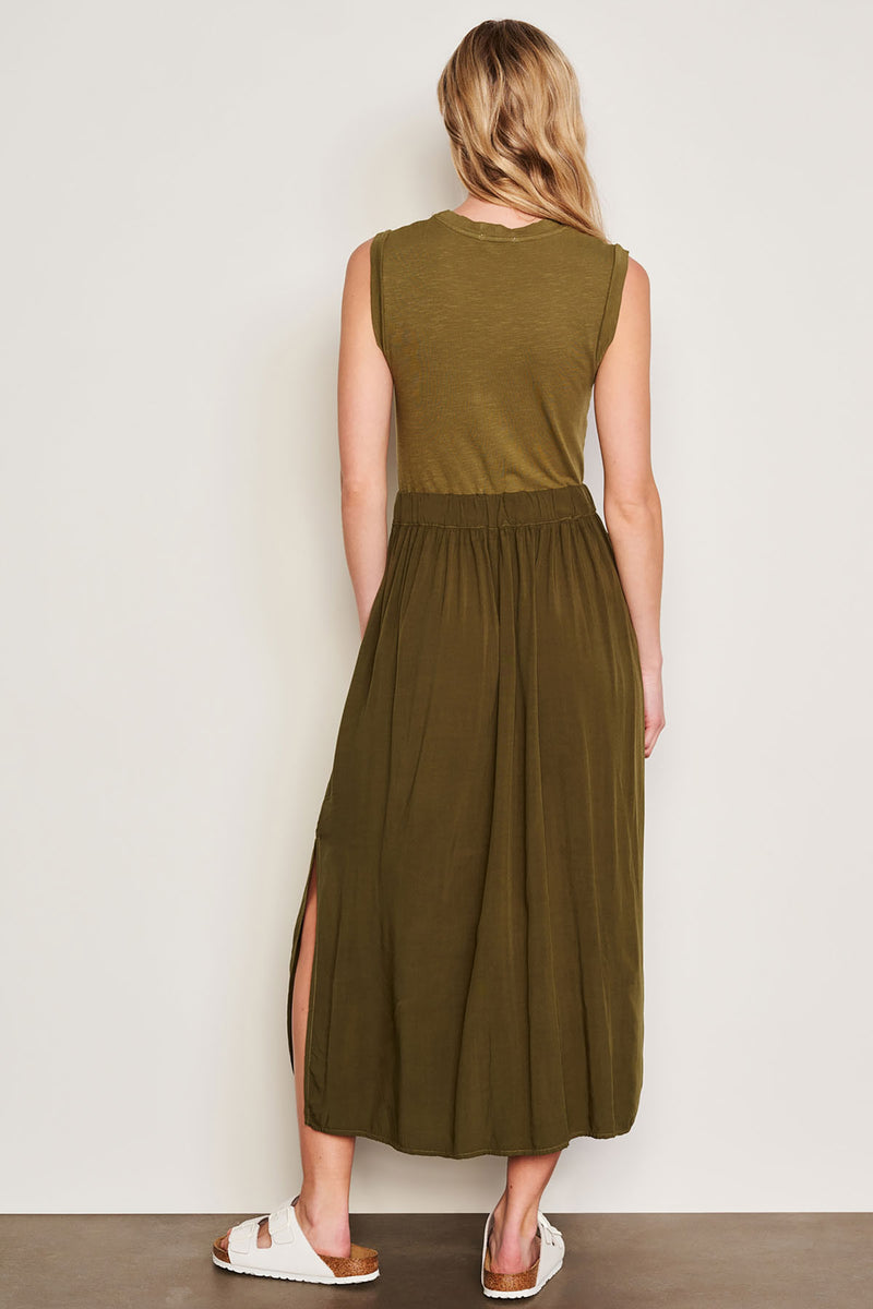 Sundry Midi Mixed Media Dress in Olive-back view