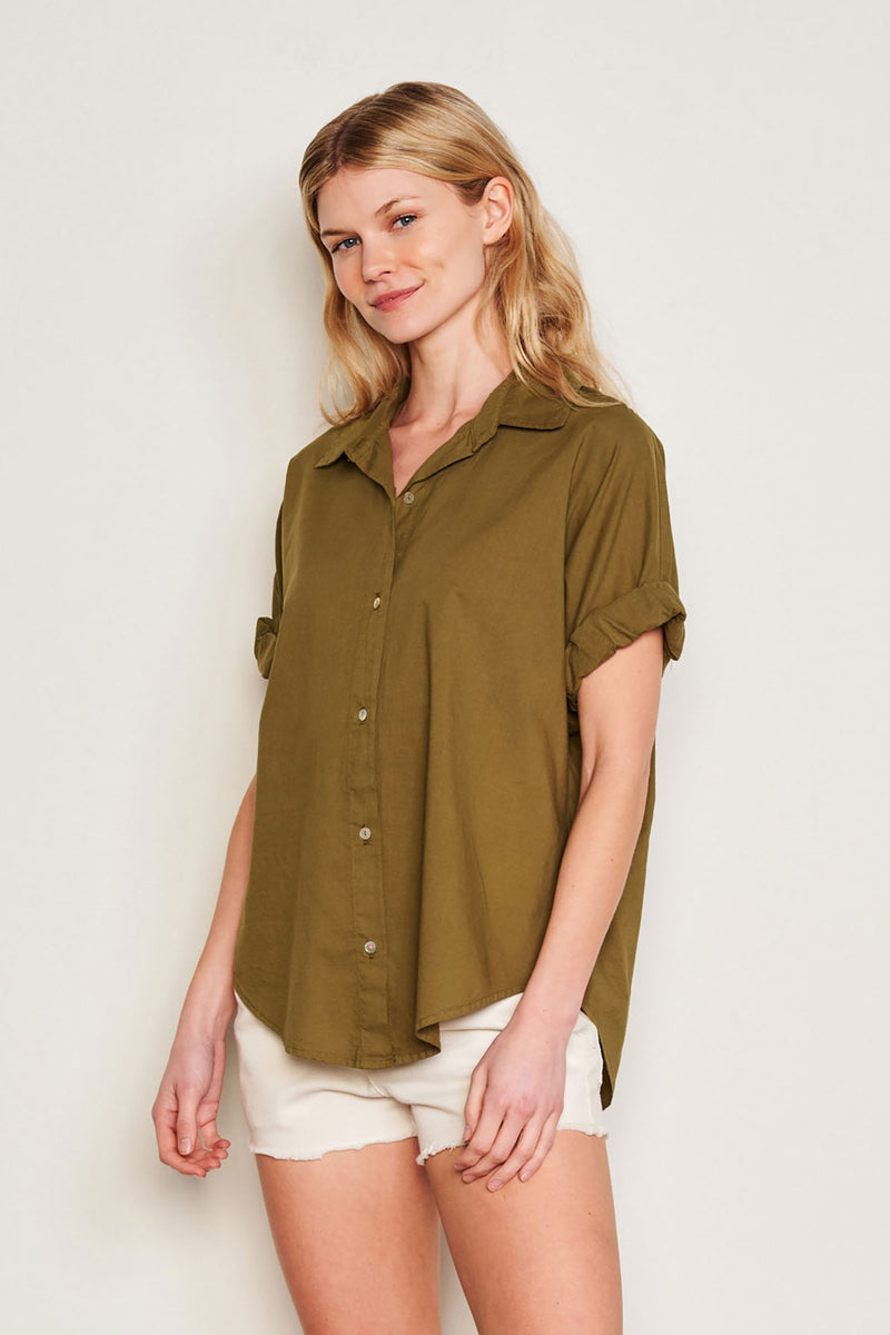 Sundry Roll Short Sleeve Shirt in Olive-model is smirking 