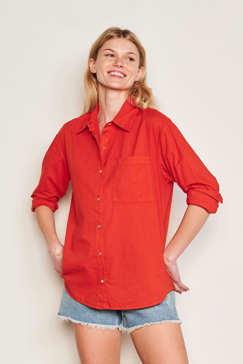 Sundry Classic Shirt in Burnt Red-3/4 view hands are both on models side