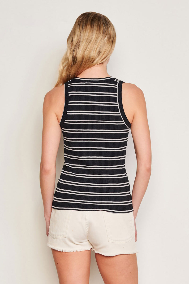 Sundry Variegated Rib Stripe High Crew Tank in Deep Navy-back