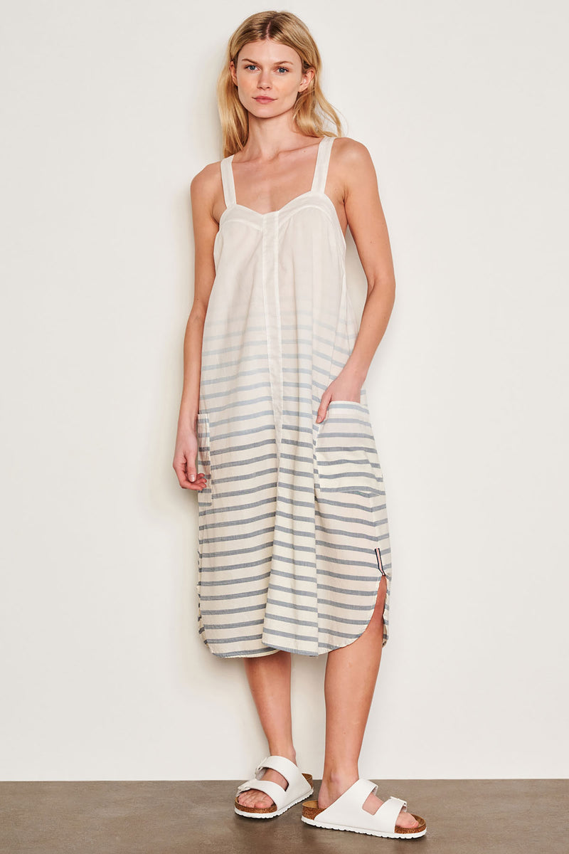 Sundry Changing Tide Stripe Midi Apron Dress in Deep Navy-full front view