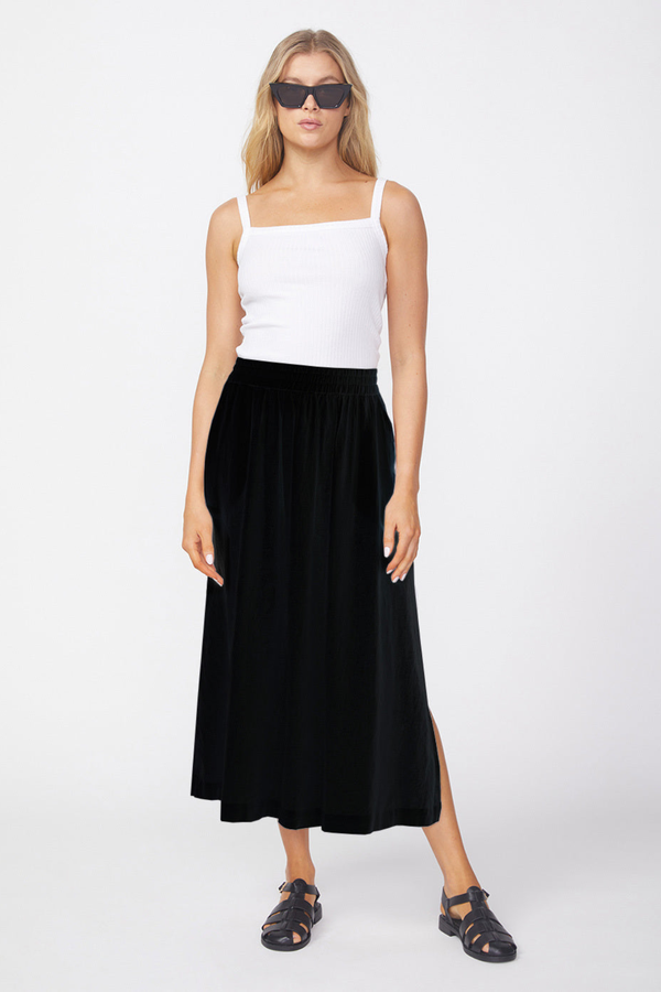 Stateside Linen Double Slit Maxi Skirt-full view front with sun glasses
