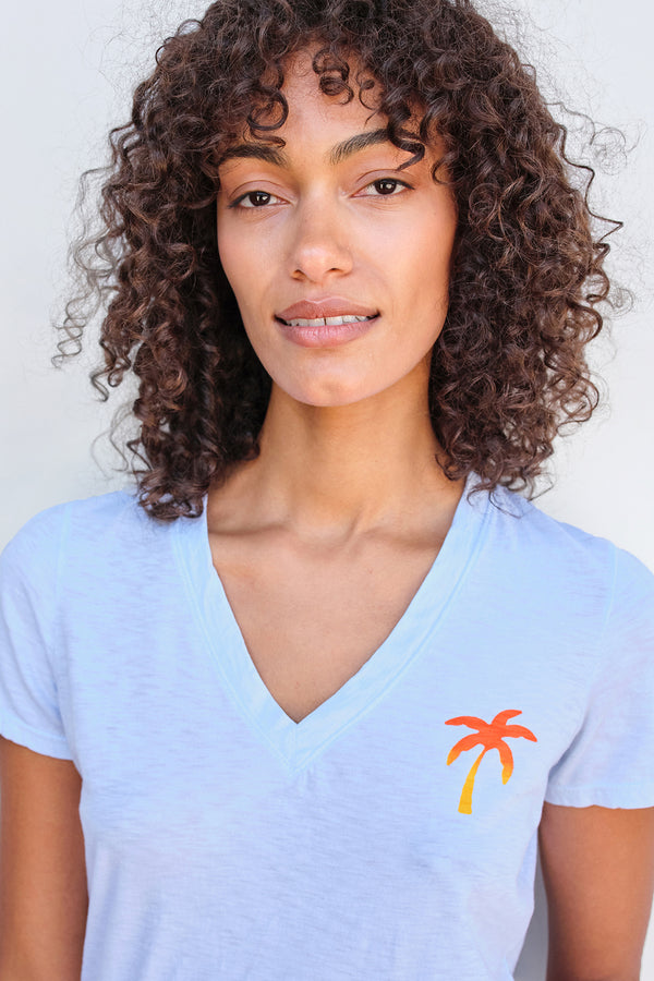 Sundry Palm Tree V-Neck in Sky-close up of v-neck details